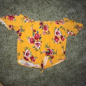 yellow & pink off the shoulder crop top